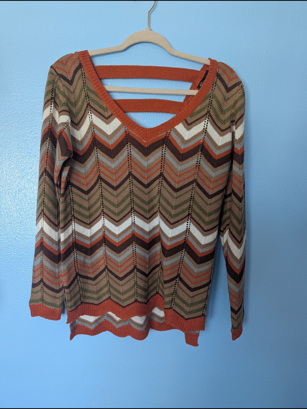 Brand New-Lee Chevron Knit Scoop Neck Sweater in Orange, Brown, Olive & Cream